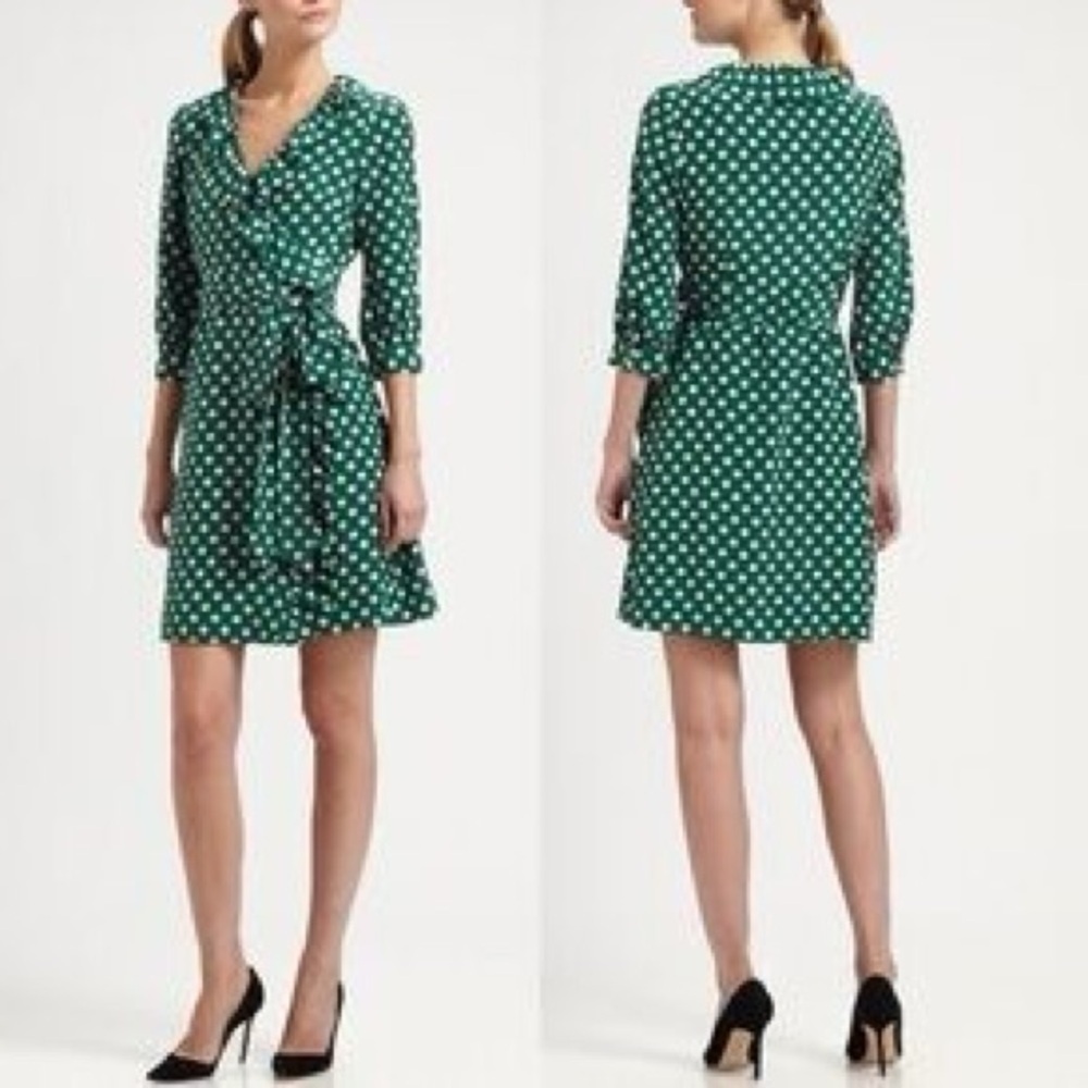 Kate Spade Daniella Green Polka Dot Wrap Dress Sz 2 Ruffle Neckline Career Silk